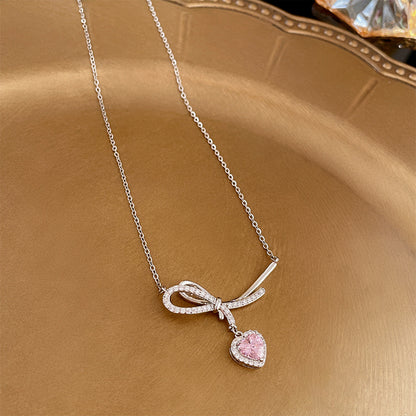 Elegant Sweet Heart Shape Bow Knot Copper Inlay Zircon Pendant Necklace