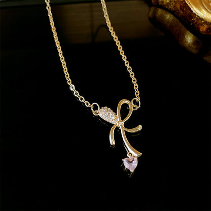 Elegant Heart Shape Bow Knot Alloy Titanium Steel Plating Inlay Zircon Pendant Necklace