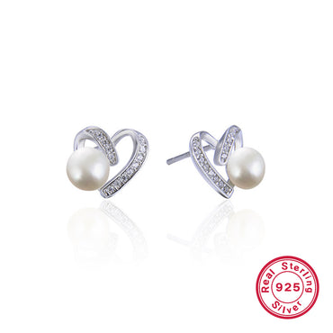 1 Pair Elegant Heart Shape Inlay Sterling Silver Artificial Pearls Zircon White Gold Plated Ear Studs