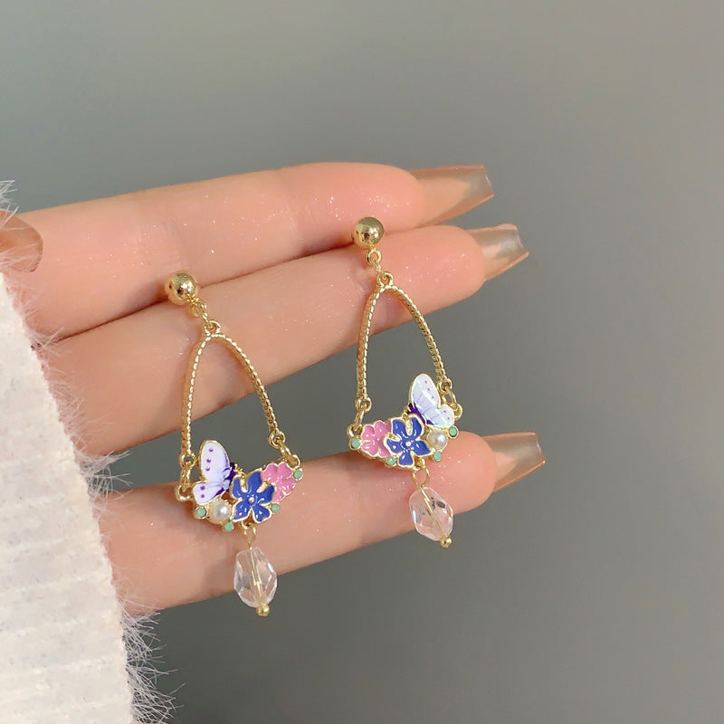 1 Pair Sweet Flower Butterfly Enamel Plating Inlay Alloy Metal Artificial Pearls Drop Earrings