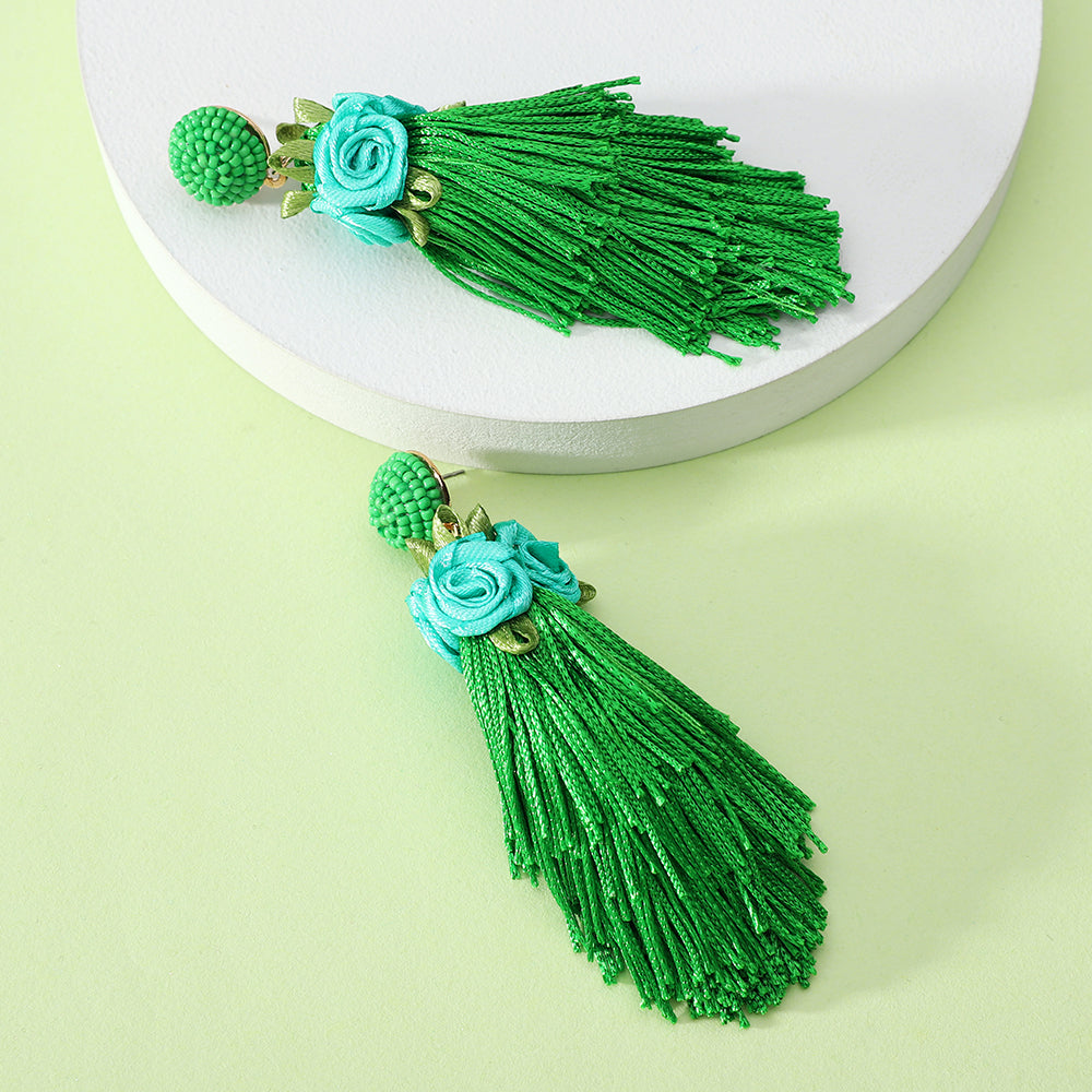 1 Pair Retro Ethnic Style Bohemian Flower Beaded Tassel Cotton Thread Drop Earrings