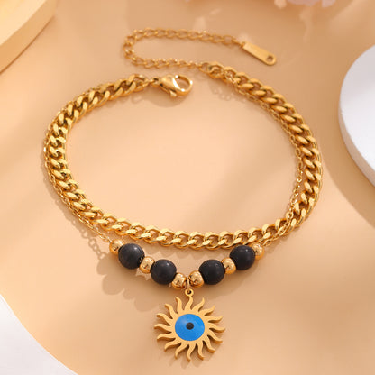 Retro Classic Style Four Leaf Clover Round Eye Titanium Steel Plating Inlay Resin Rhinestones Shell Gold Plated Bracelets