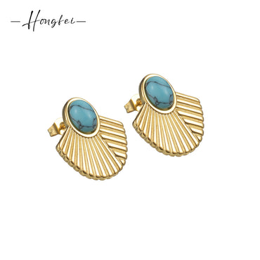 1 Pair Classic Style Sector Plating Inlay Stainless Steel Turquoise 18k Gold Plated Ear Studs