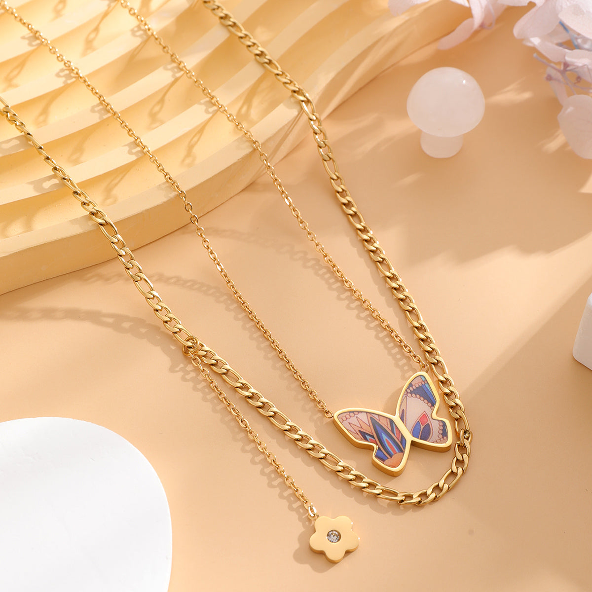 Retro Classic Style Flower Butterfly Stainless Steel Plating Inlay Zircon Gold Plated Layered Necklaces