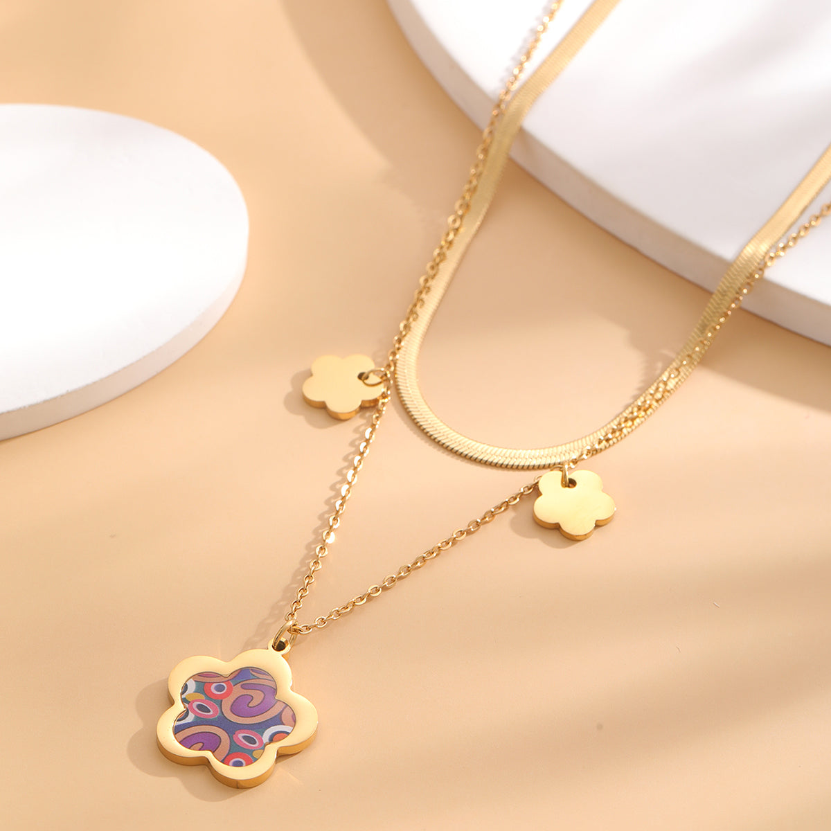 Retro Classic Style Flower Butterfly Stainless Steel Plating Inlay Zircon Gold Plated Layered Necklaces