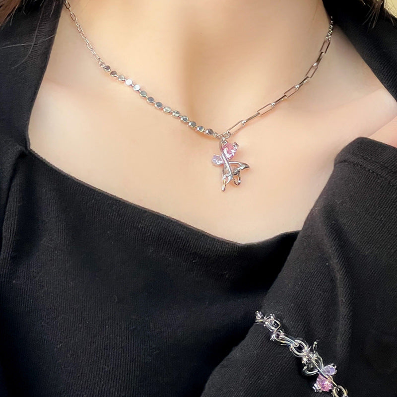 Elegant Sweet Heart Shape Butterfly Bow Knot Artificial Crystal Alloy Plating Inlay Zircon Women's Pendant Necklace