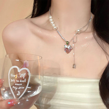 Elegant Sweet Heart Shape Butterfly Bow Knot Artificial Crystal Alloy Plating Inlay Zircon Women's Pendant Necklace