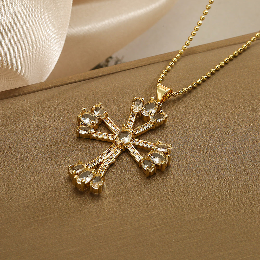 Retro Simple Style Cross Copper Plating Inlay Zircon 18k Gold Plated Pendant Necklace