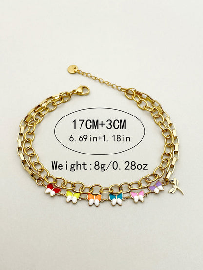 Casual Artistic Oval Butterfly Stainless Steel Polishing Enamel Plating Gold Plated Bracelets