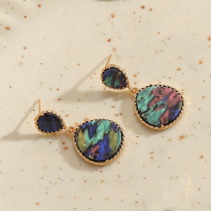 1 Pair Vintage Style Leaf Water Droplets Enamel Inlay Alloy Natural Stone Shell Drop Earrings