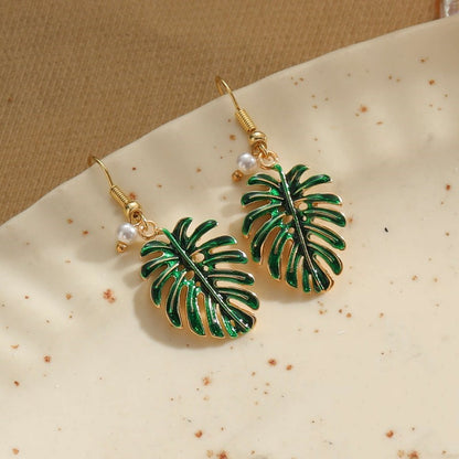 1 Pair Vintage Style Leaf Water Droplets Enamel Inlay Alloy Natural Stone Shell Drop Earrings