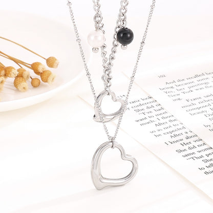 Modern Style Cool Style Heart Shape Stainless Steel Titanium Steel Pearl Plating Hollow Out Layered Necklaces