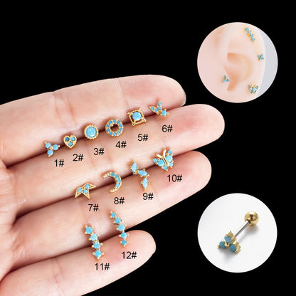 1 Piece Retro Sweet Moon Crown Butterfly Inlay Stainless Steel Zircon Ear Studs