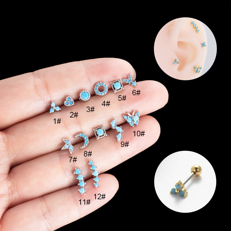 1 Piece Retro Sweet Moon Crown Butterfly Inlay Stainless Steel Zircon Ear Studs