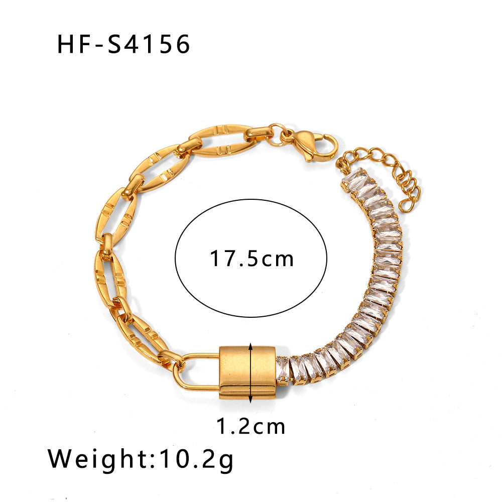 Ig Style Shiny Lock Stainless Steel Plating Inlay Zircon 18k Gold Plated Bracelets