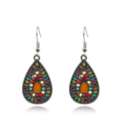 1 Pair Bohemian Water Droplets Flower Rhombus Enamel Inlay Alloy Rhinestones Drop Earrings