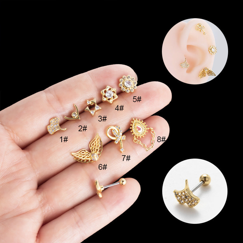 1 Piece Streetwear Heart Shape Wings Plating Inlay Stainless Steel Zircon Ear Studs