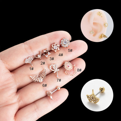 1 Piece Streetwear Heart Shape Wings Plating Inlay Stainless Steel Zircon Ear Studs