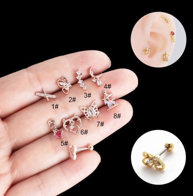 1 Piece Streetwear Heart Shape Butterfly Plating Inlay Stainless Steel Zircon Ear Studs