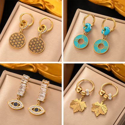 1 Pair Casual Vintage Style Round Devil's Eye Maple Leaf Plating Inlay Titanium Steel Zircon 18k Gold Plated Drop Earrings