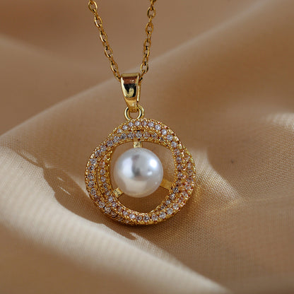 Casual Simple Style Round Titanium Steel Copper Inlay Pearl Zircon Pendant Necklace