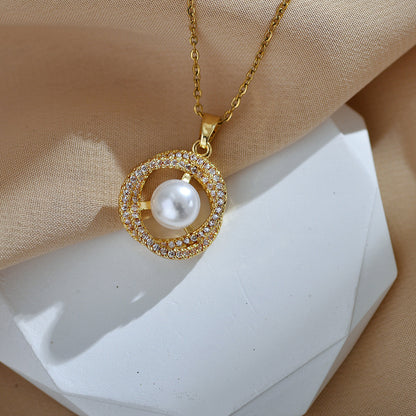 Casual Simple Style Round Titanium Steel Copper Inlay Pearl Zircon Pendant Necklace