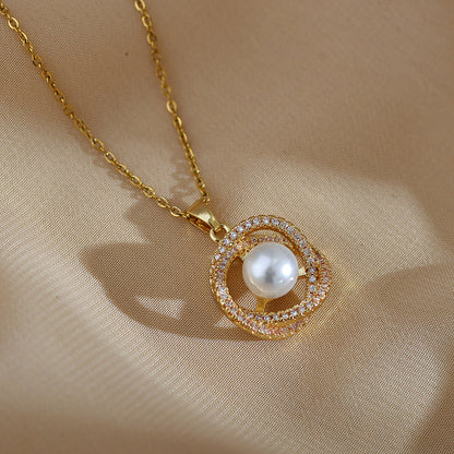 Casual Simple Style Round Titanium Steel Copper Inlay Pearl Zircon Pendant Necklace