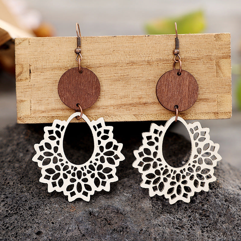 1 Pair Bohemian Geometric Pu Leather Wood Drop Earrings