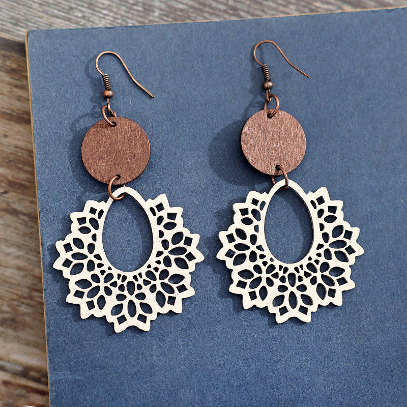 1 Pair Bohemian Geometric Pu Leather Wood Drop Earrings