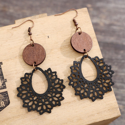 1 Pair Bohemian Geometric Pu Leather Wood Drop Earrings