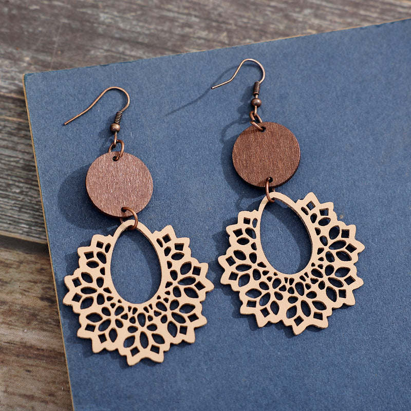 1 Pair Bohemian Geometric Pu Leather Wood Drop Earrings