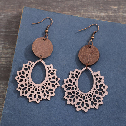 1 Pair Bohemian Geometric Pu Leather Wood Drop Earrings