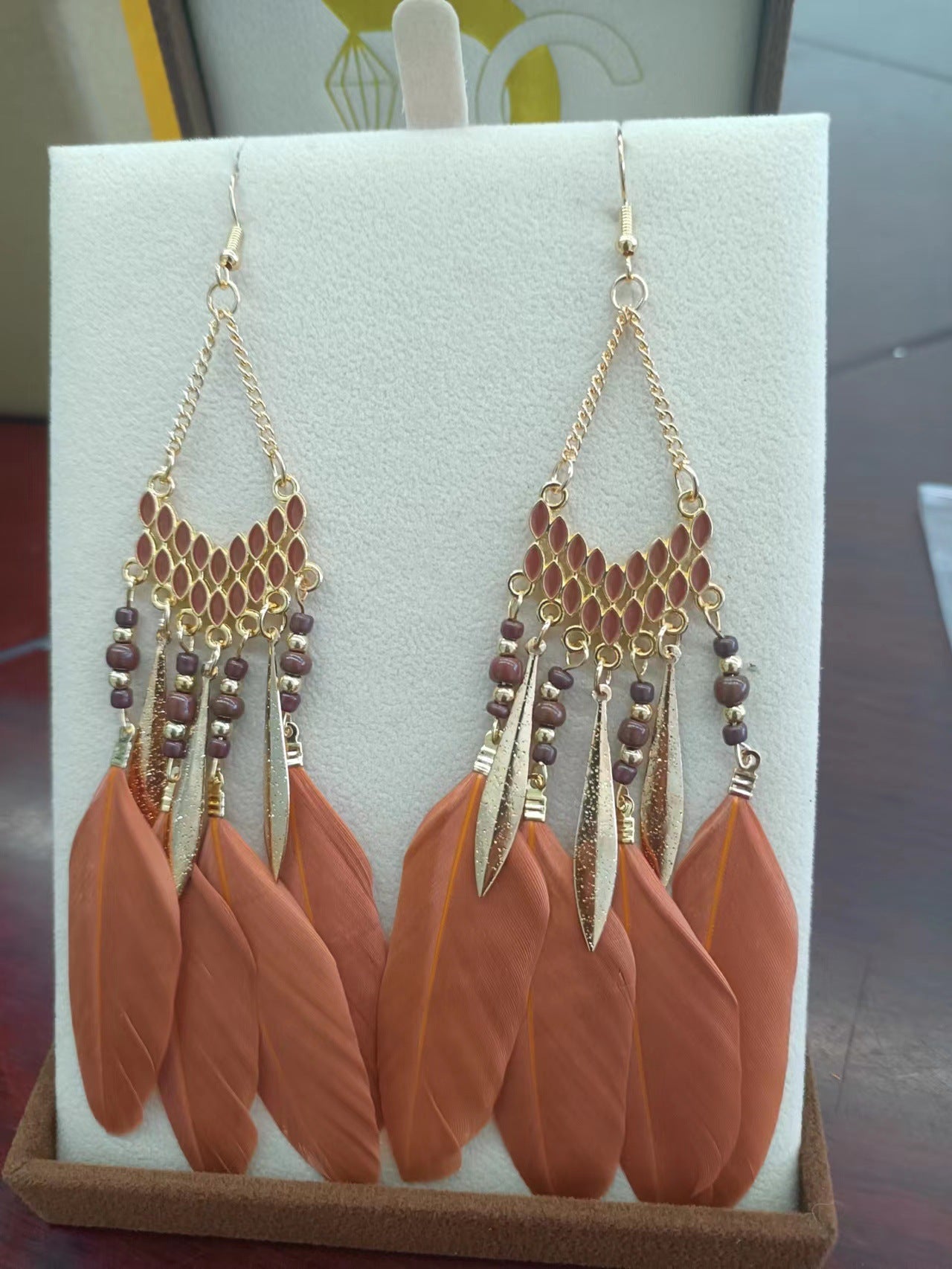 Vintage Fan-shaped Tassel Feather Long Bohemian Beads Earrings Wholesale