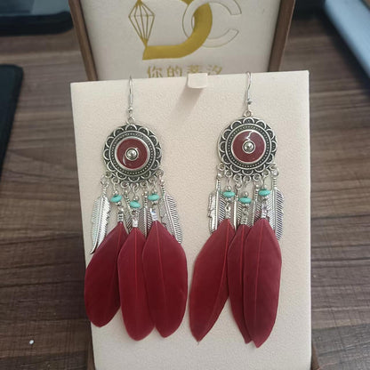 Vintage Geometric Round Alloy Long Feather Leaves Tassel Earrings Wholesale