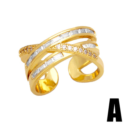 Casual Commute Round Copper Plating Inlay Zircon 18k Gold Plated Open Rings