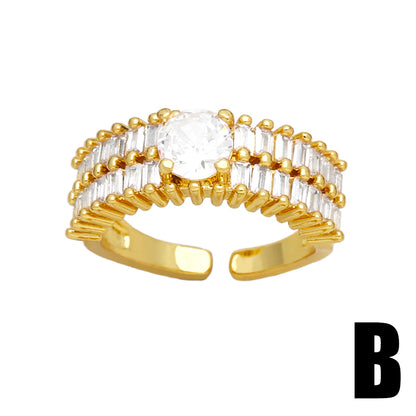 Simple Style Commute Round Copper Plating Inlay Beads Zircon 18k Gold Plated Open Rings