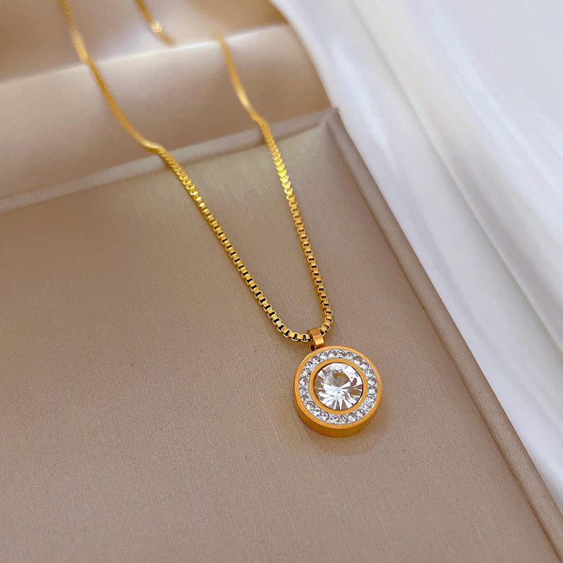 Casual Simple Style Round Titanium Steel Plating Inlay Zircon Pendant Necklace