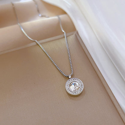 Casual Simple Style Round Titanium Steel Plating Inlay Zircon Pendant Necklace