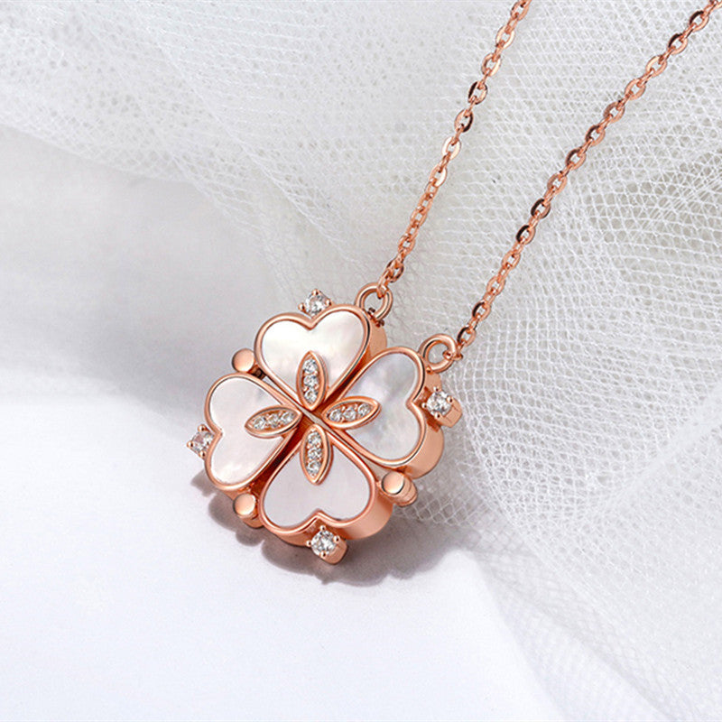 Sweet Pastoral Four Leaf Clover Titanium Steel Inlay Zircon Charms Pendant Necklace