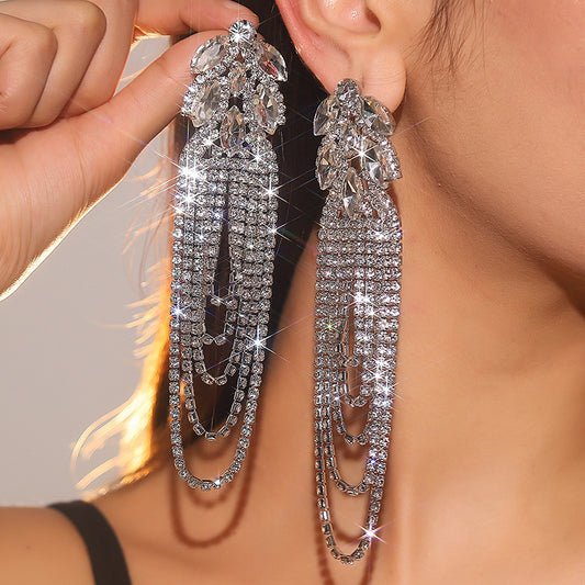 1 Pair Simple Style Shiny Tassel Inlay Alloy Artificial Diamond Drop Earrings