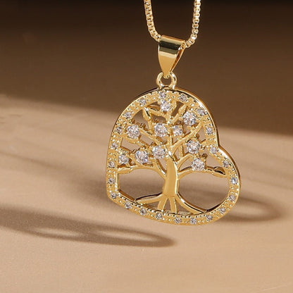 Elegant Retro Portrait Tree Heart Shape Copper Plating Inlay Zircon 14k Gold Plated Pendant Necklace