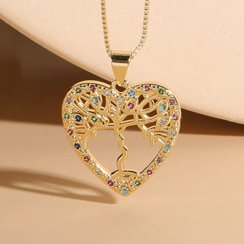 Elegant Retro Portrait Tree Heart Shape Copper Plating Inlay Zircon 14k Gold Plated Pendant Necklace