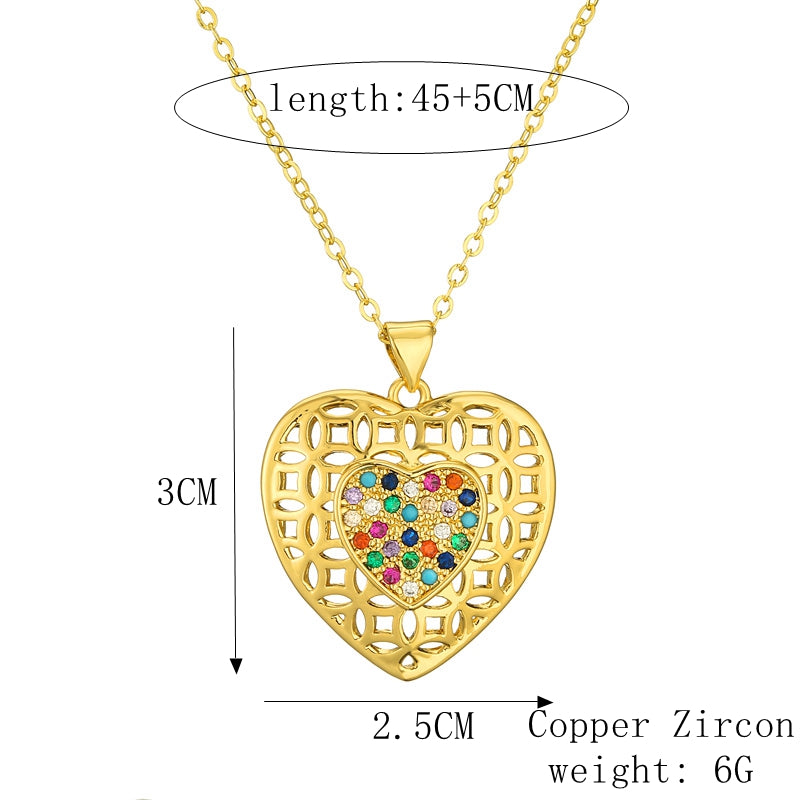 Simple Style Classic Style Water Droplets Heart Shape Copper Hollow Out Inlay Zircon Gold Plated Pendant Necklace