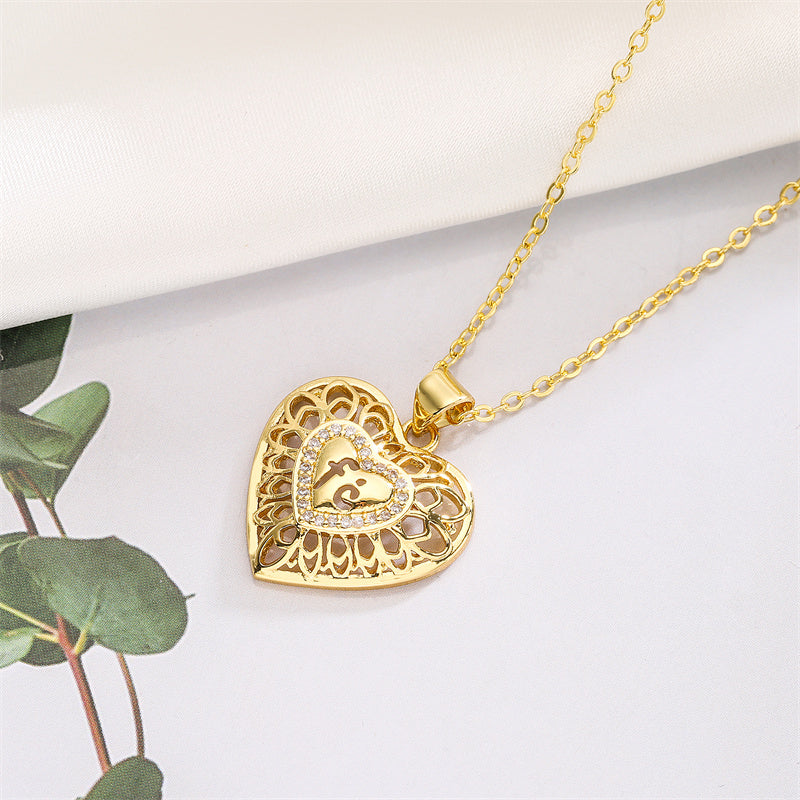 Simple Style Classic Style Water Droplets Heart Shape Copper Hollow Out Inlay Zircon Gold Plated Pendant Necklace