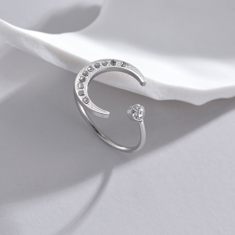 Casual Simple Style Moon Stainless Steel Asymmetrical Plating Inlay Zircon 14k Gold Plated Open Rings