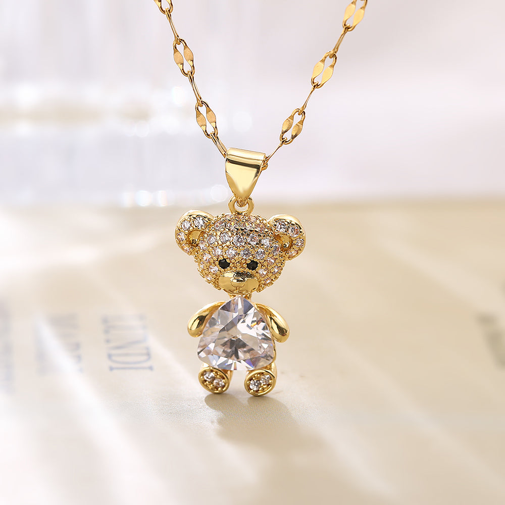 Cute Little Bear Titanium Steel Copper Plating Inlay Zircon 18k Gold Plated Pendant Necklace