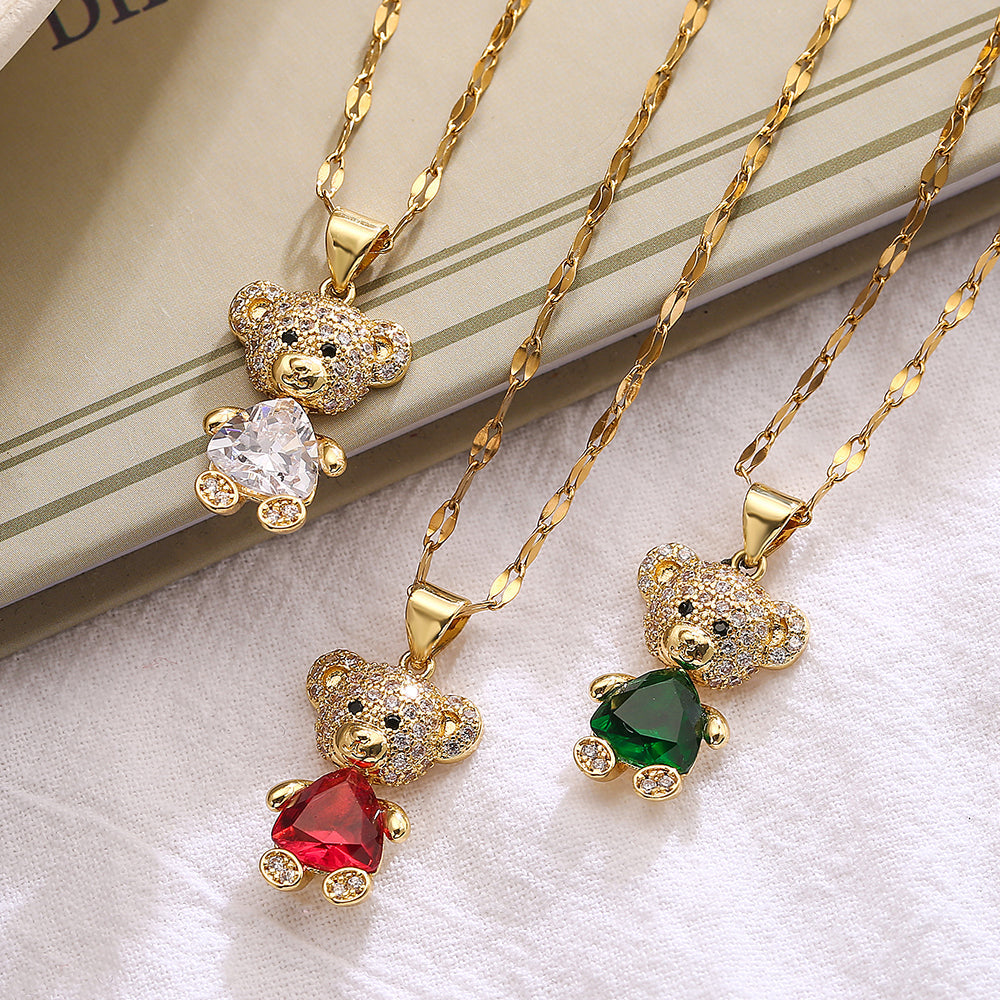 Cute Little Bear Titanium Steel Copper Plating Inlay Zircon 18k Gold Plated Pendant Necklace