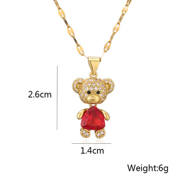 Cute Little Bear Titanium Steel Copper Plating Inlay Zircon 18k Gold Plated Pendant Necklace