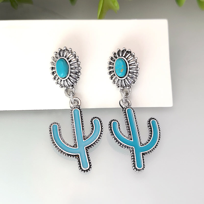 1 Pair Vintage Style Ethnic Style Bohemian Cactus Enamel Plating Inlay Metal Turquoise Silver Plated Drop Earrings