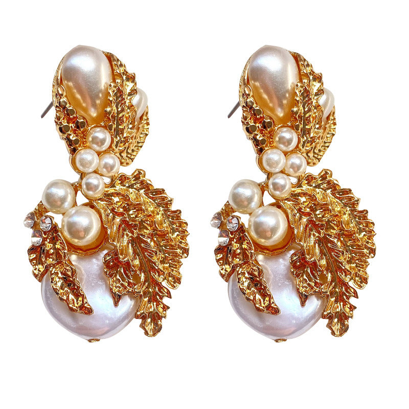 1 Pair Vacation Leaf Plating Inlay Metal Pearl Ear Studs